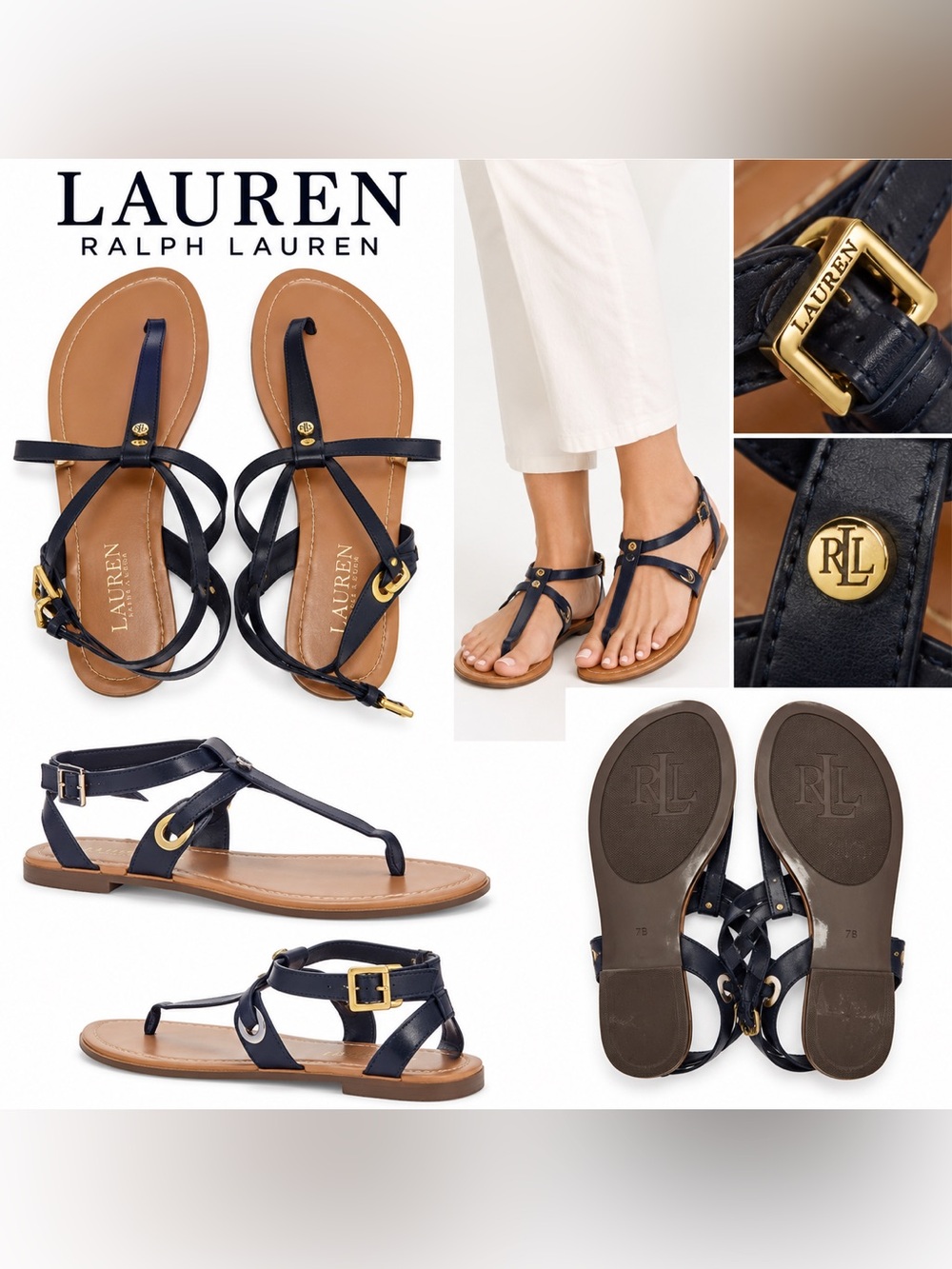 Lauren Ralph Lauren Navy Strappy Flat Sandals Gold Hardware Size 7B